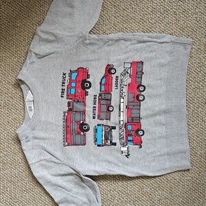 H&M Light Gray Knit Sweater With Fire Trucks, 2-4y